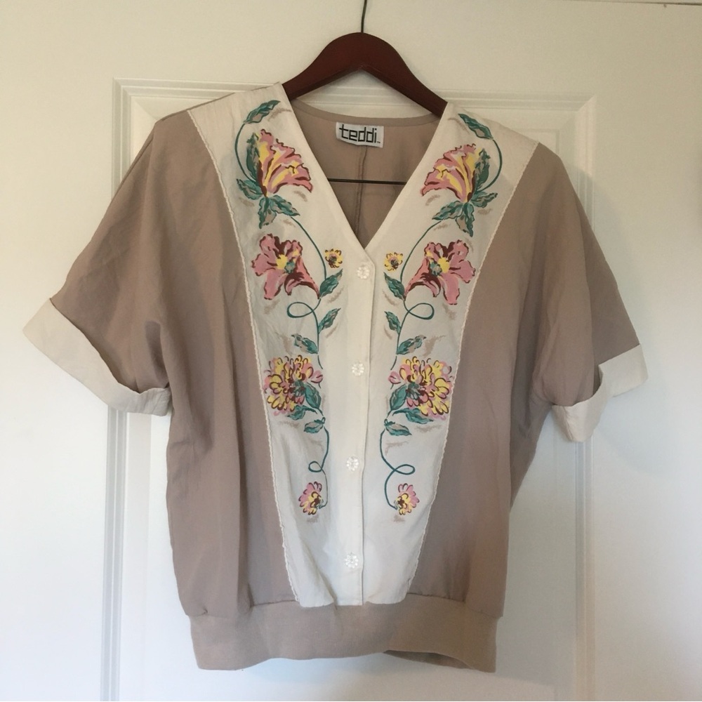 Vintage Teddi Shirt Womens Medium Cream Brown  Loose Relaxed 80s floral